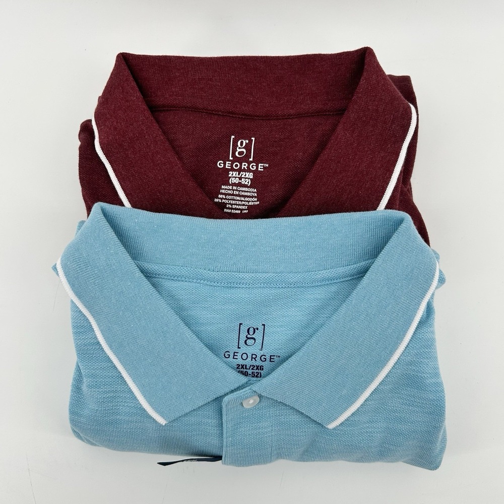 George Polo Shirt Lot 2 Mens 2XL Heather Blue Maroon Short Sleeve Stretch NWOT